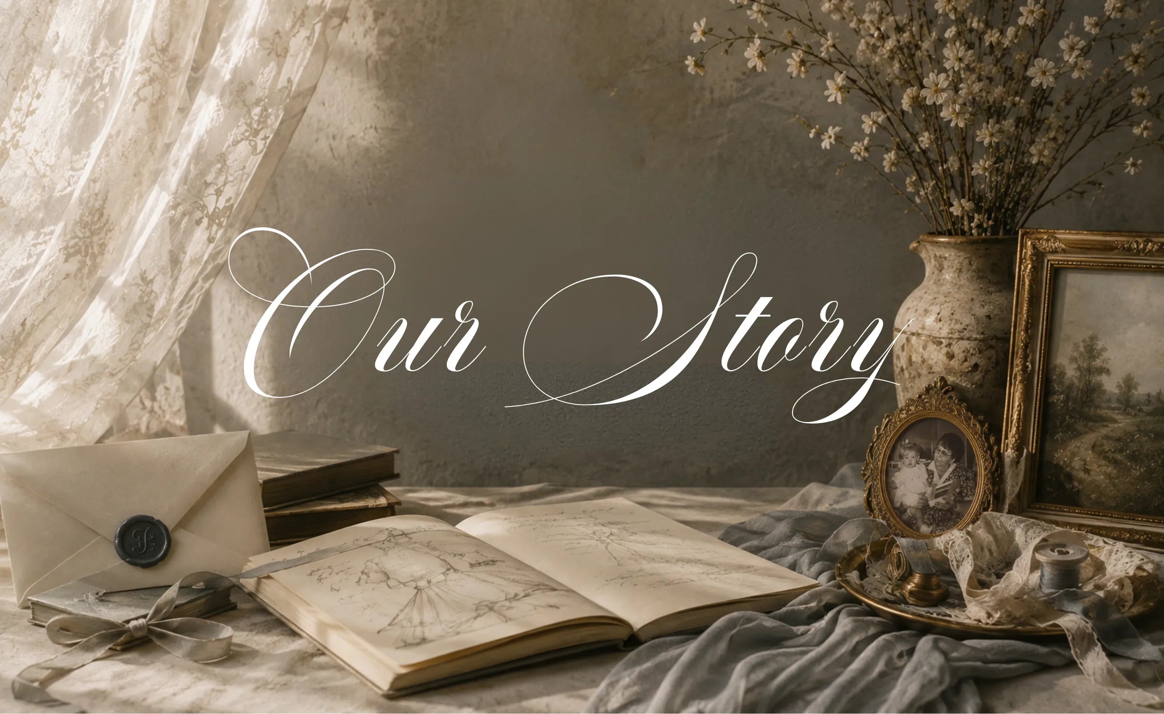 Our Story, lettered across a still life: an open sketchbook of dress drawings, a wax-sealed envelope, and a framed photograph of my grandma holding me